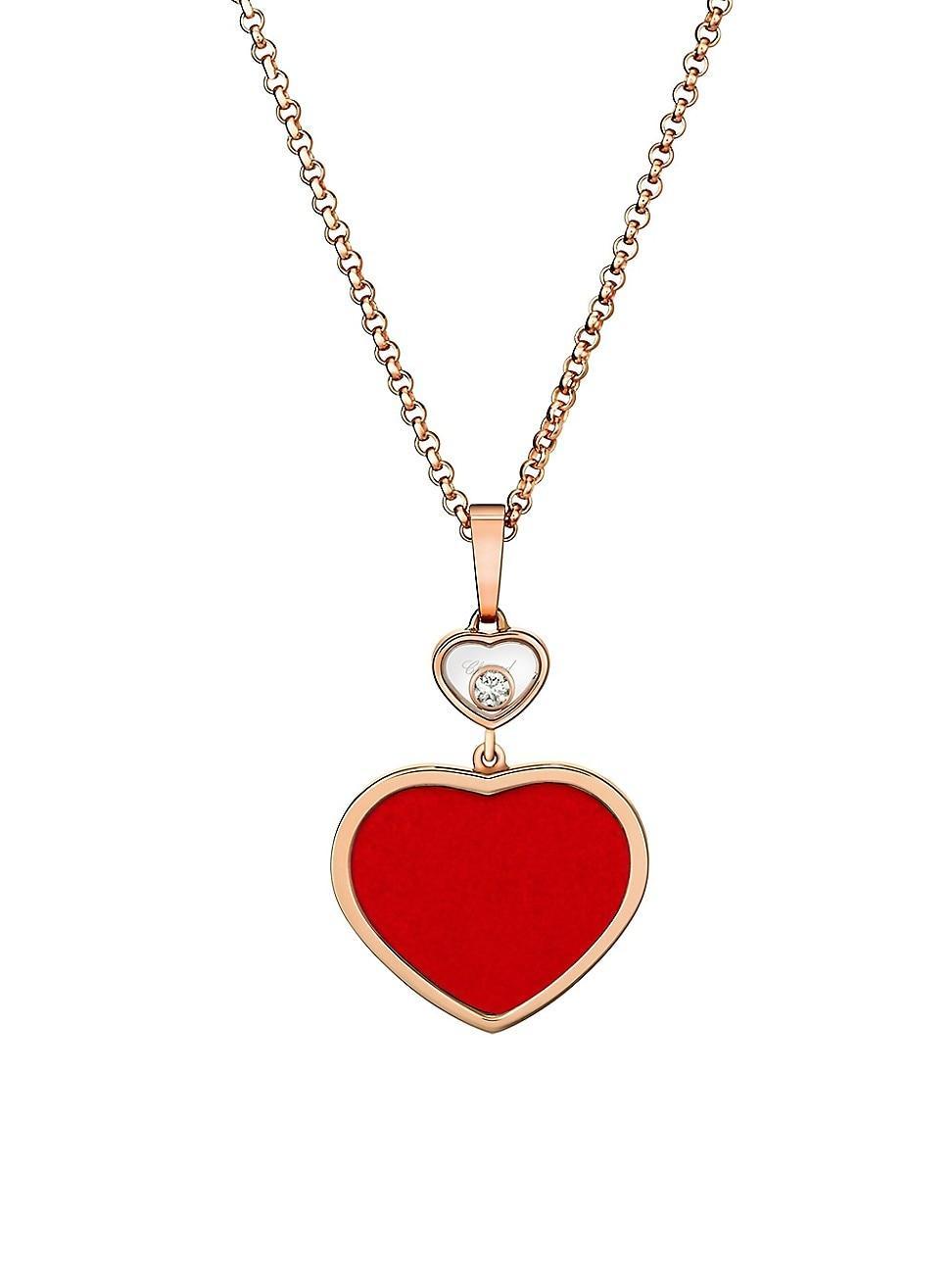 Womens Happy Hearts 18K Rose Gold, Red Stone & Diamond Heart Pendant Necklace Product Image