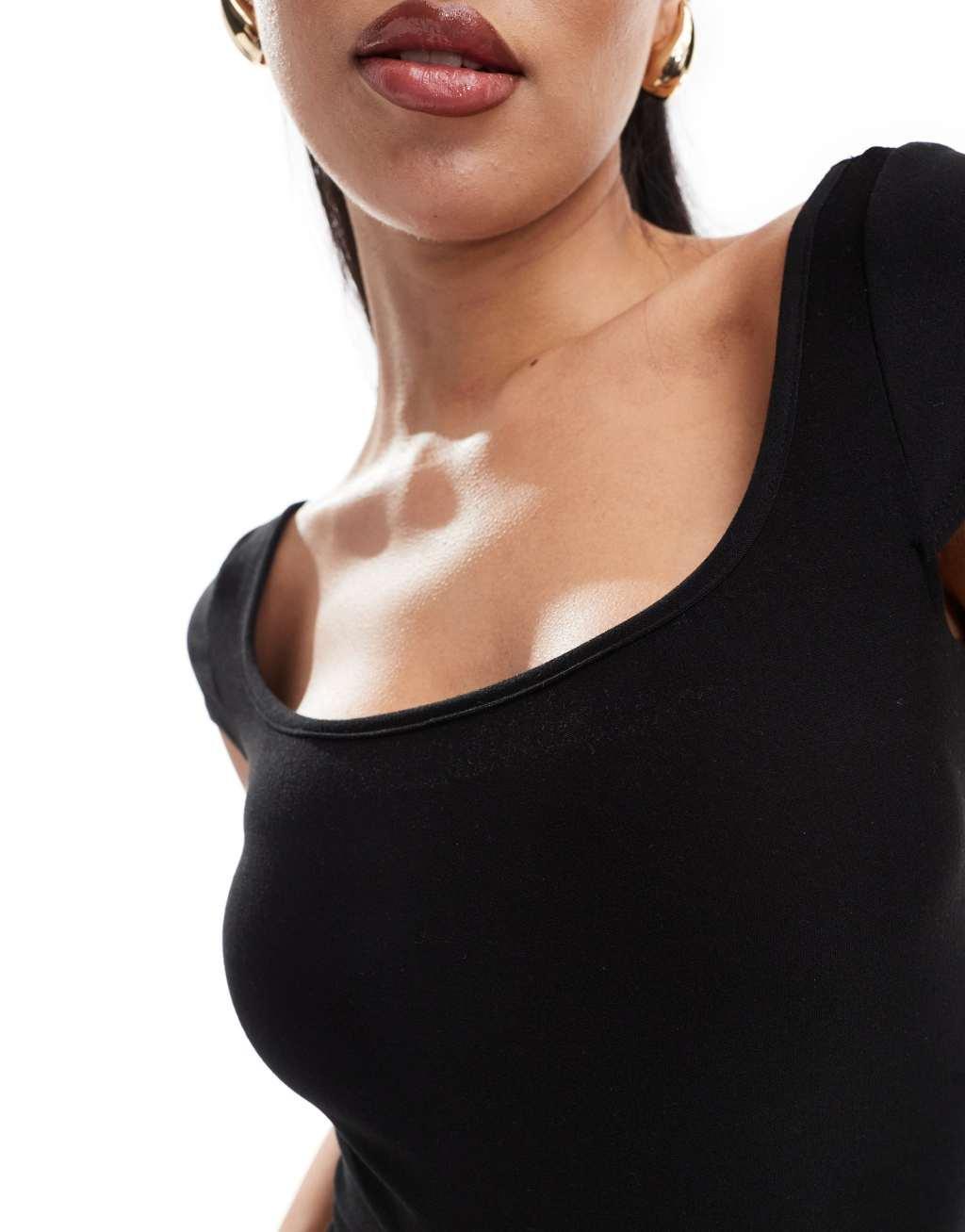 Fashionkilla super-soft cap sleeve square neck bodysuit in black Product Image