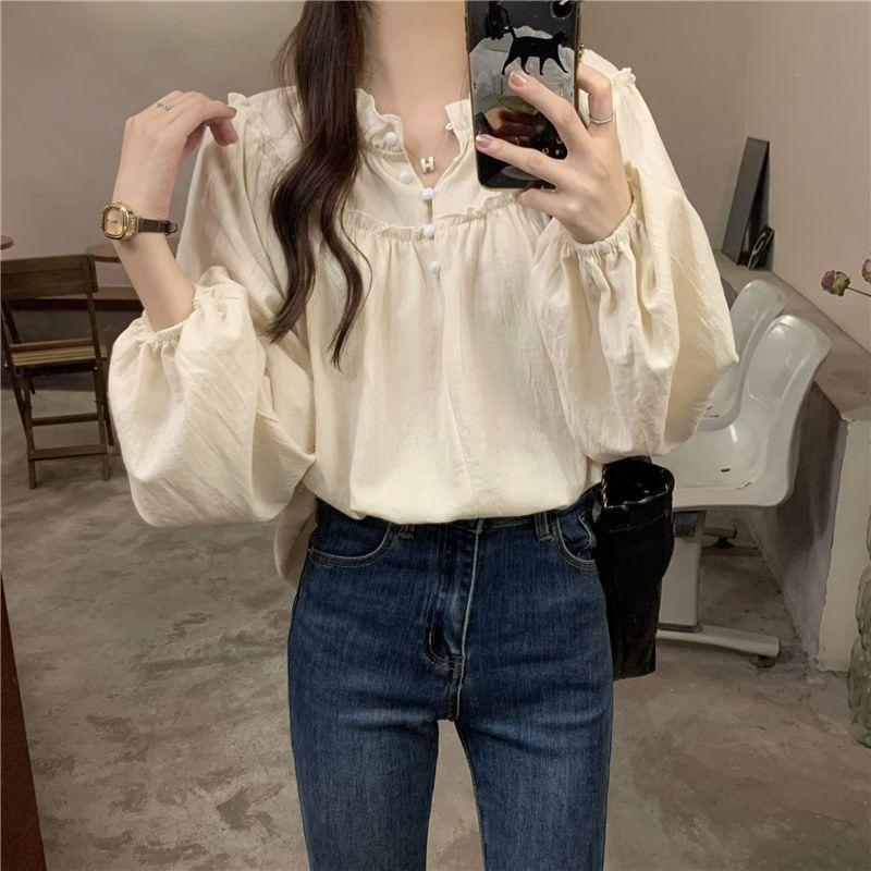 Long-Sleeve Plain Ruffle Trim Blouse Product Image