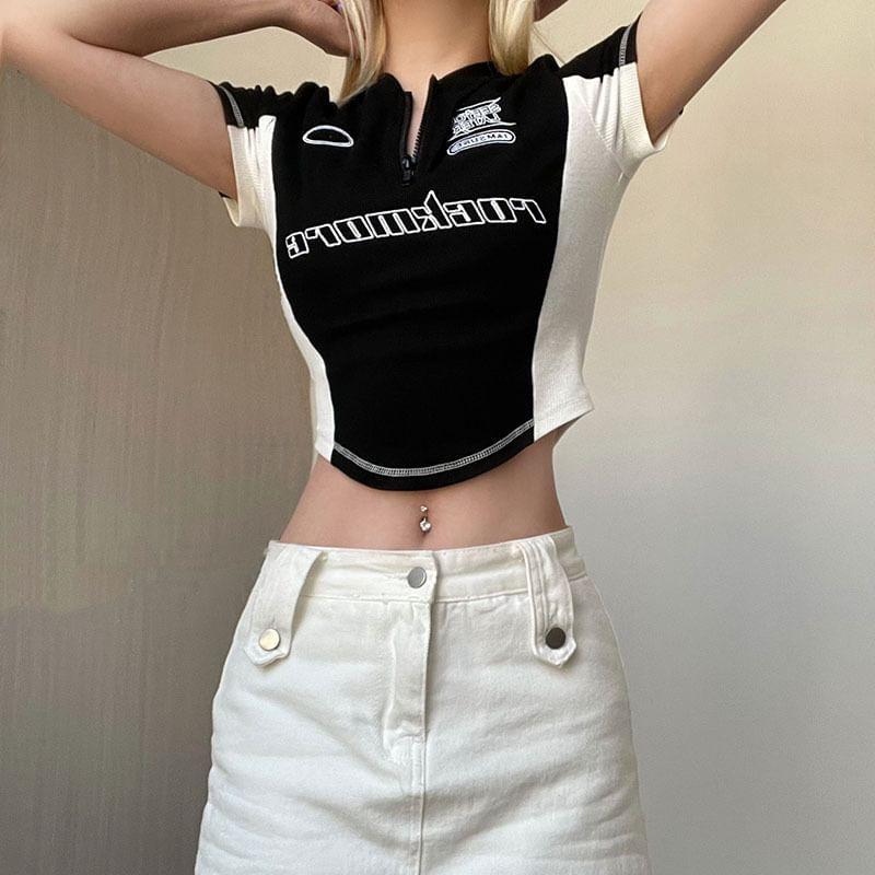 Long/Short-Sleeve Lettering Embroidered Half Zip Crop Tee Product Image