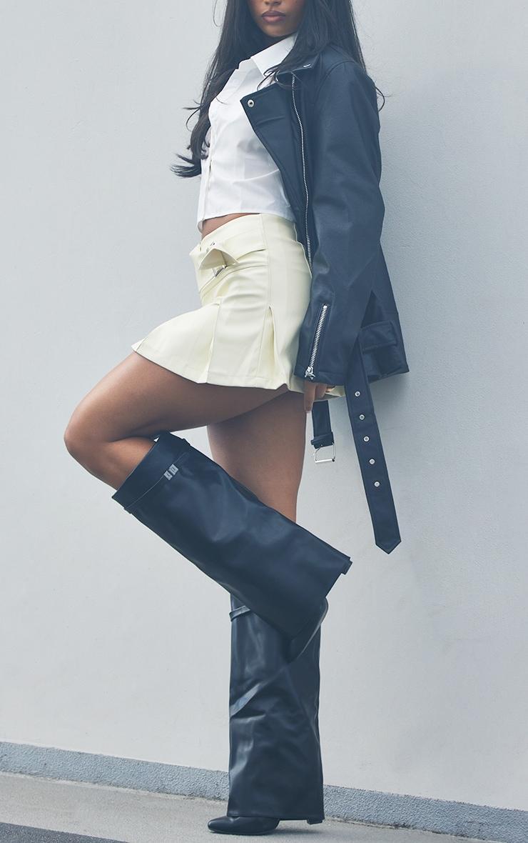 Black PU Matte Fold Over Knee Block Heeled Boots Product Image