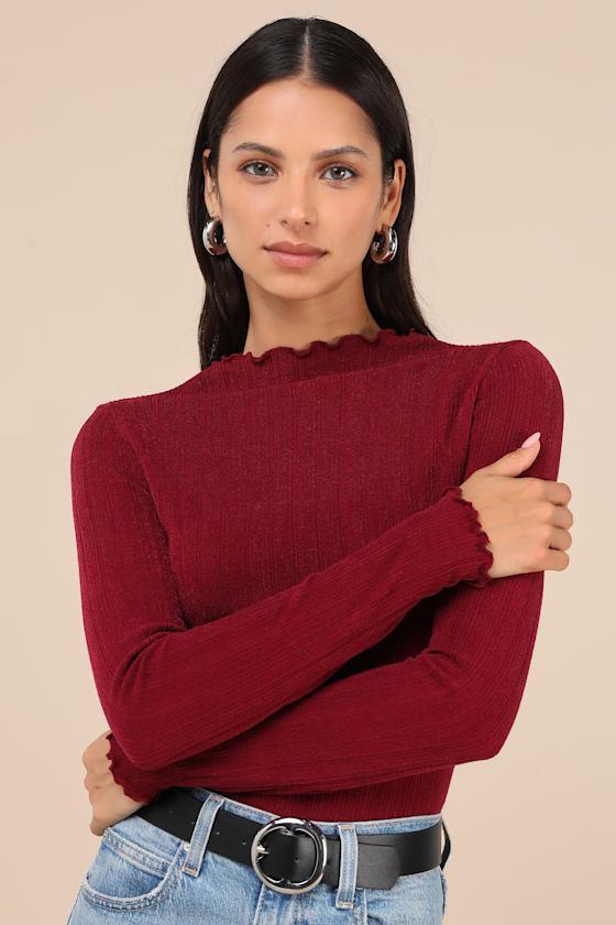 Charmed Vibes Burgundy Ribbed Lettuce Edge Long Sleeve Top Product Image