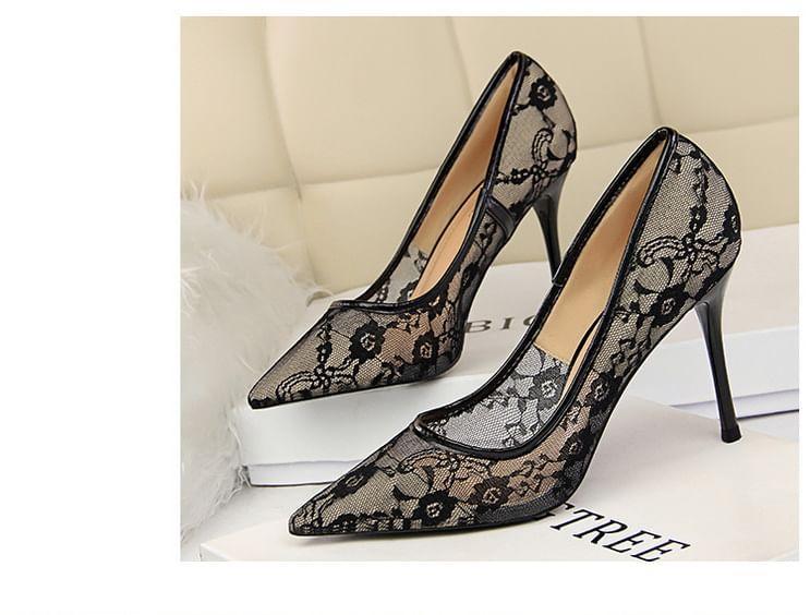 Stiletto Pointed Toe Lace Pumps Product Image