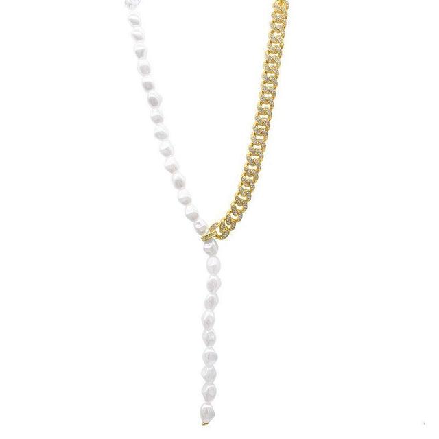 Adornia 14k Gold-Plated Pave Chain & Mother-of-Pearl Asymmetrical Lariat Necklace, 15 + 2 extender Product Image