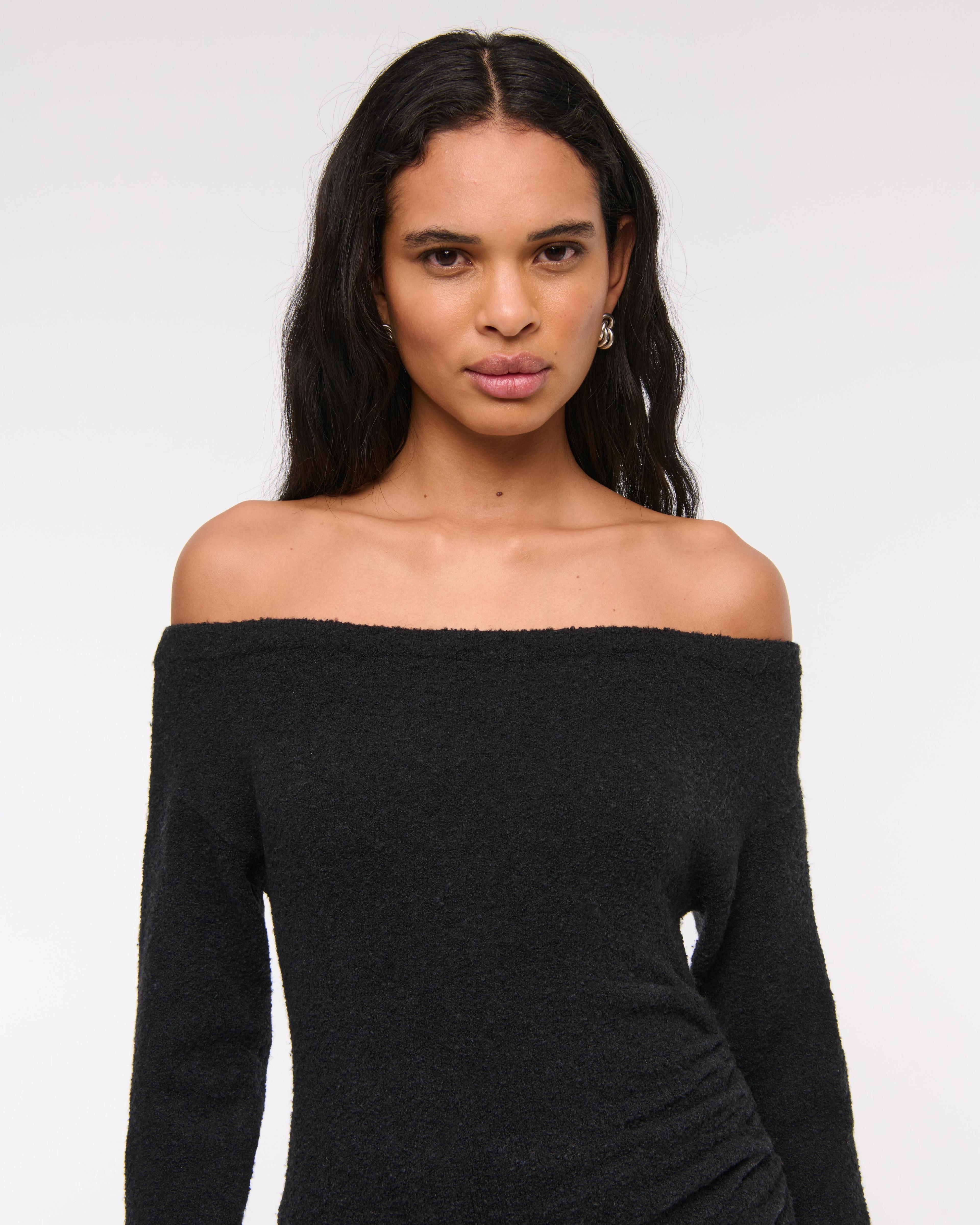 Off-The-Shoulder Boucle Maxi Sweater Dress Product Image