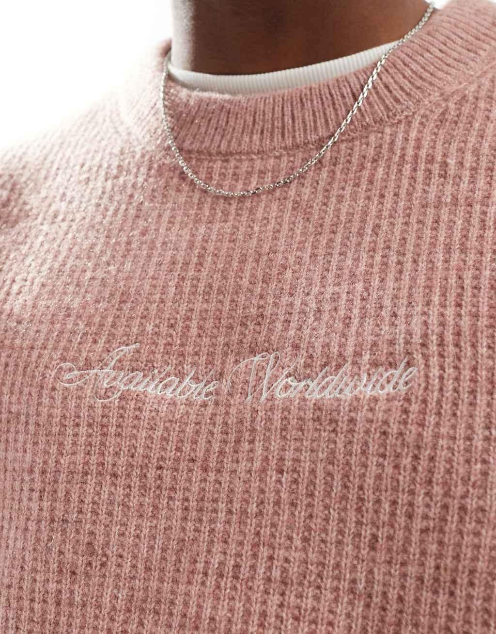 Bershka knitted embroidered sweater in pink Product Image