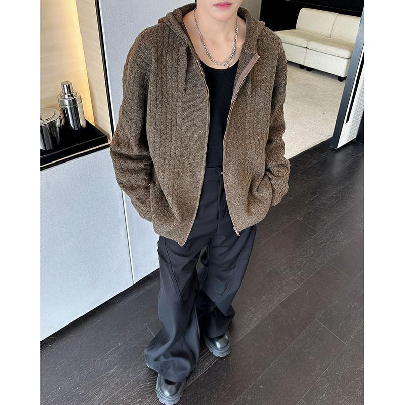 Long-Sleeve Plain Hooded Sweater Cardigan Product Image