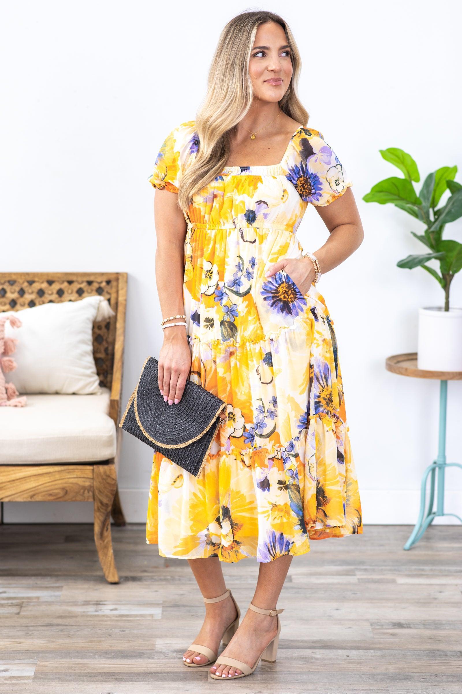 Yellow Floral Print Chiffon Midi Dress Product Image