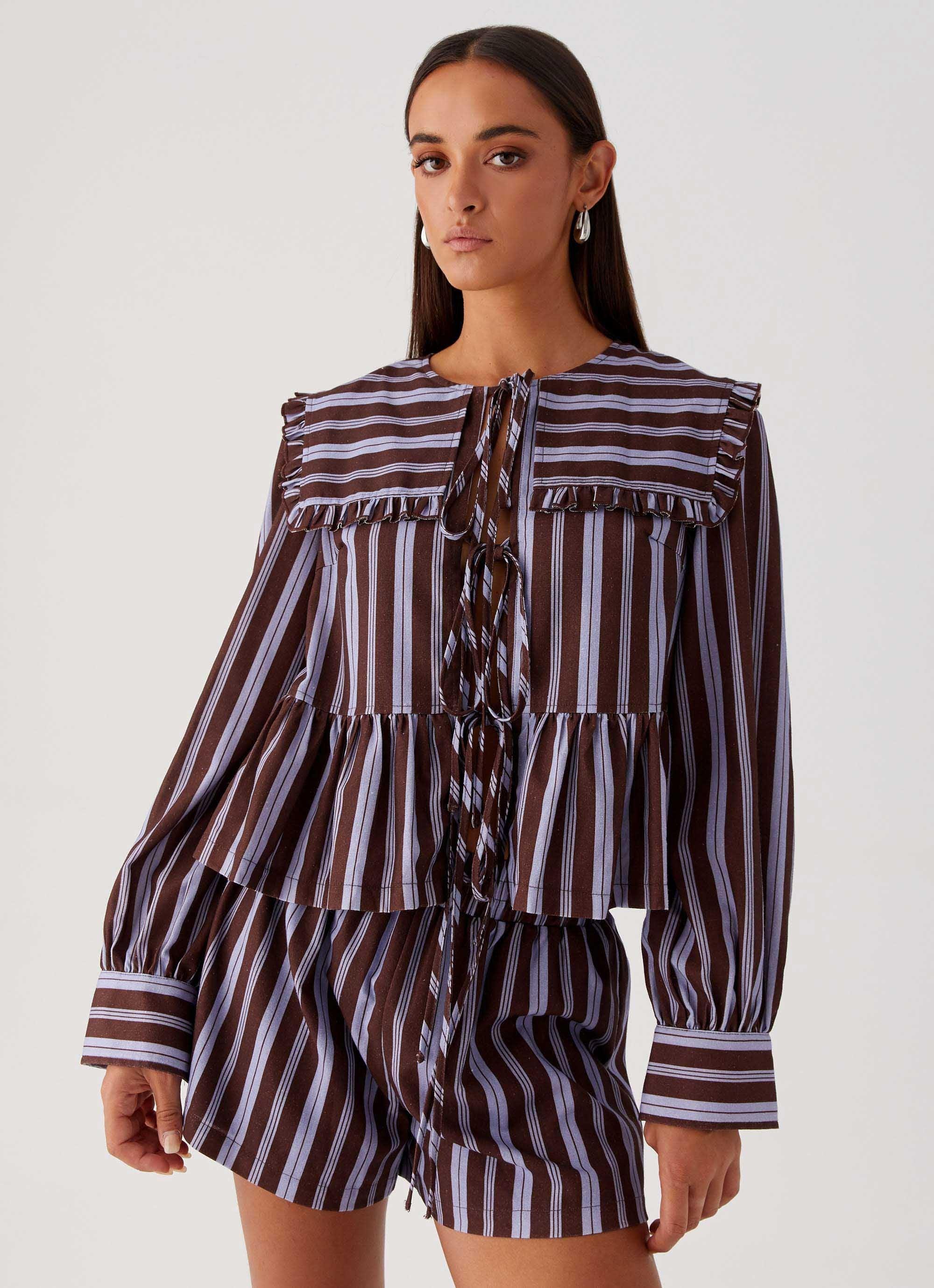 Emerson Tie Front Long Sleeve Top - Purple Brown Stripe Product Image