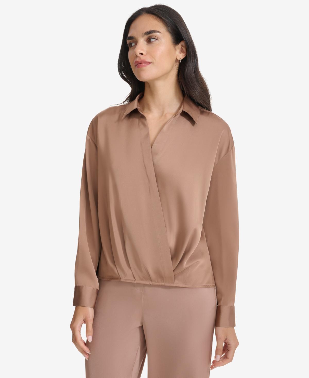 Calvin Klein Womens Faux-Wrap Collared Shirt Product Image