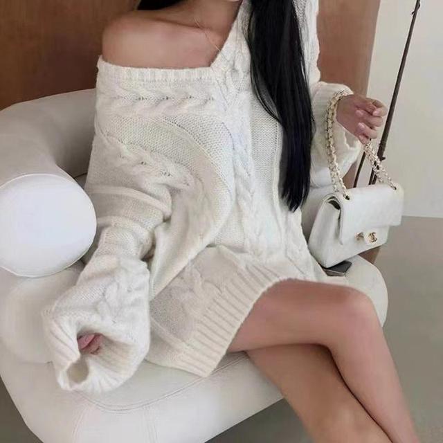 V-Neck Plain Cable-Knit Oversized Sweater Product Image