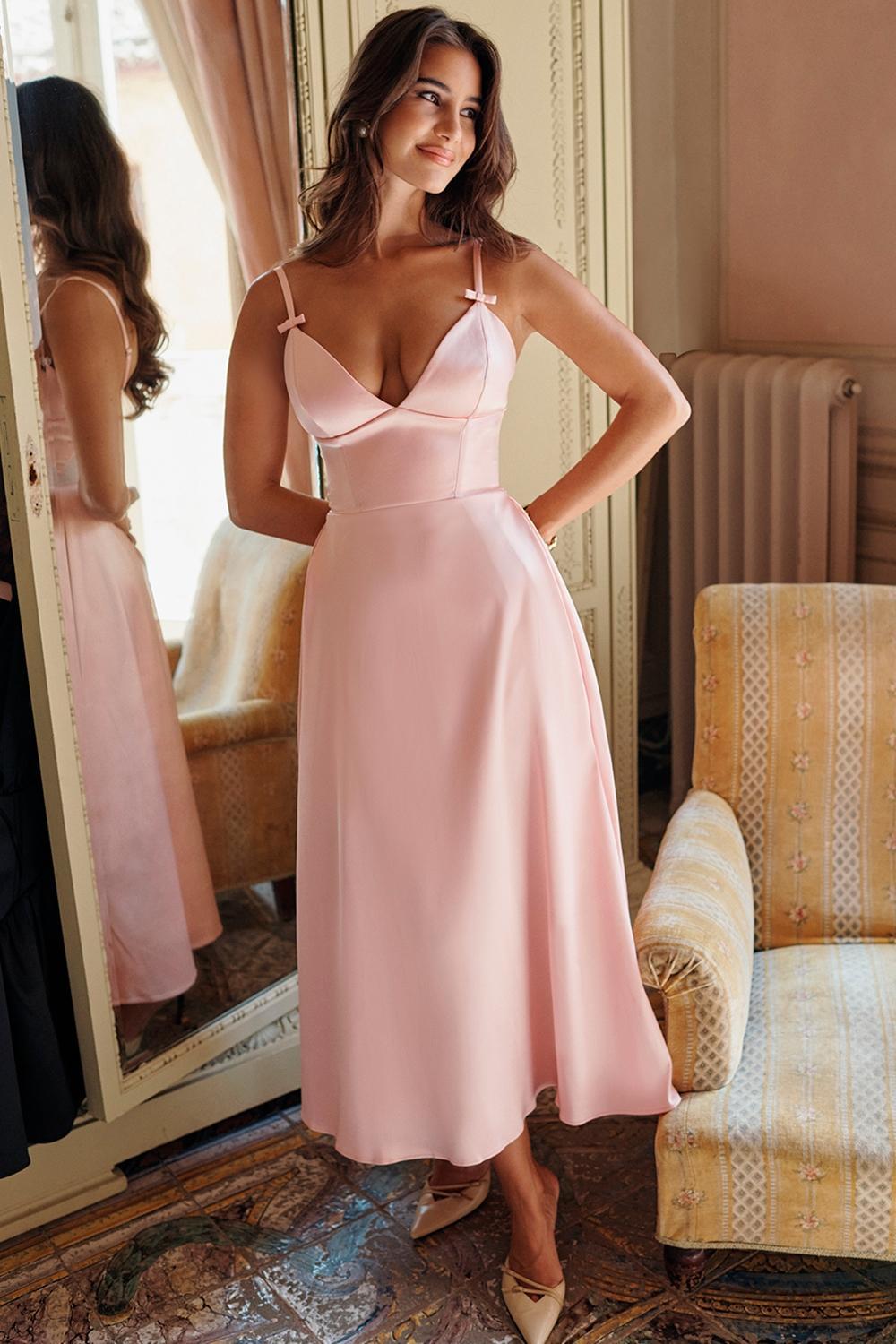 Tiffany Parisian Pink Satin A-Line Midi Dress Product Image