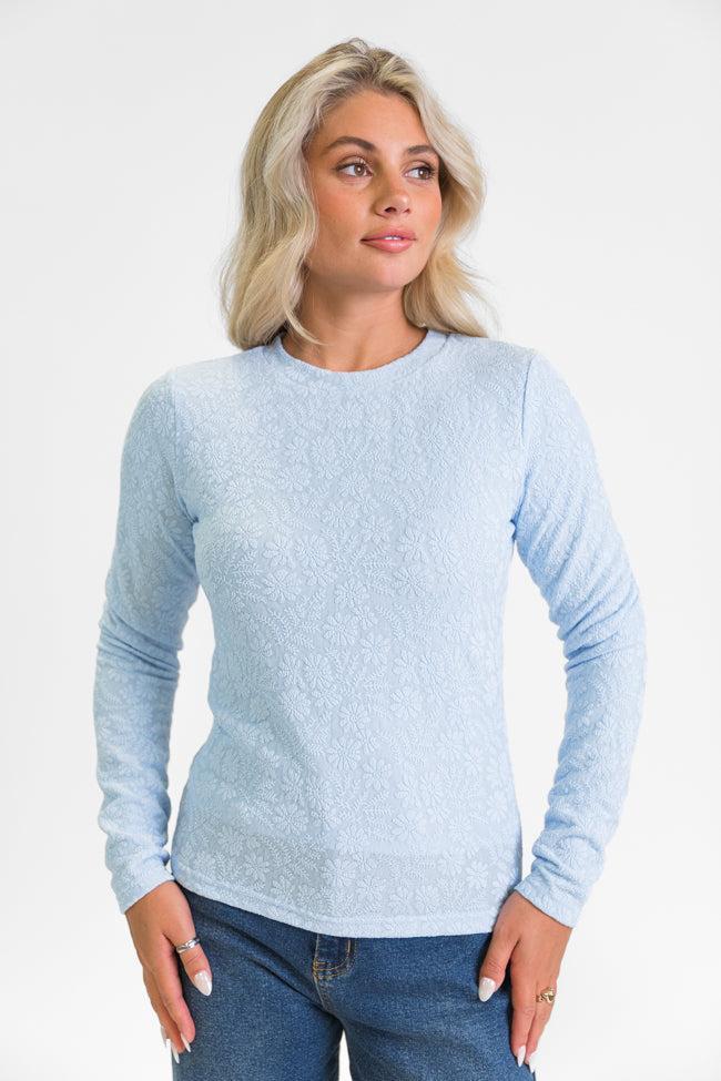 High Ambitions Blue Floral Textured Knit Fitted Top Product Image