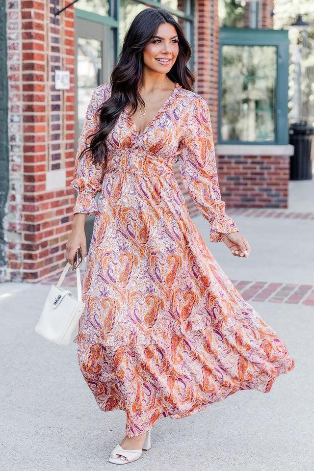 It's All A Dream Rust Multi Paisley Satin Ruffle Trim Maxi Dress FINAL SALE Product Image