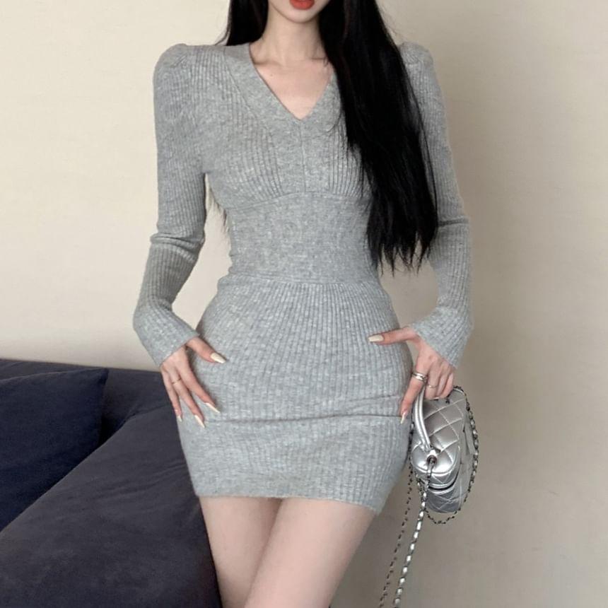 Long Sleeve V-Neck Plain Ribbed Knit Bodycon Mini Dress product image