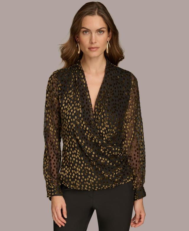 Donna Karan New York Womens Long-Sleeve Burnout Velvet Faux-Wrap Top - Black Product Image