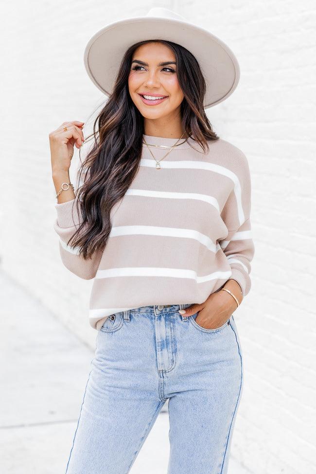 Crushing On You Tan Striped Crew Neck Sweater Product Image