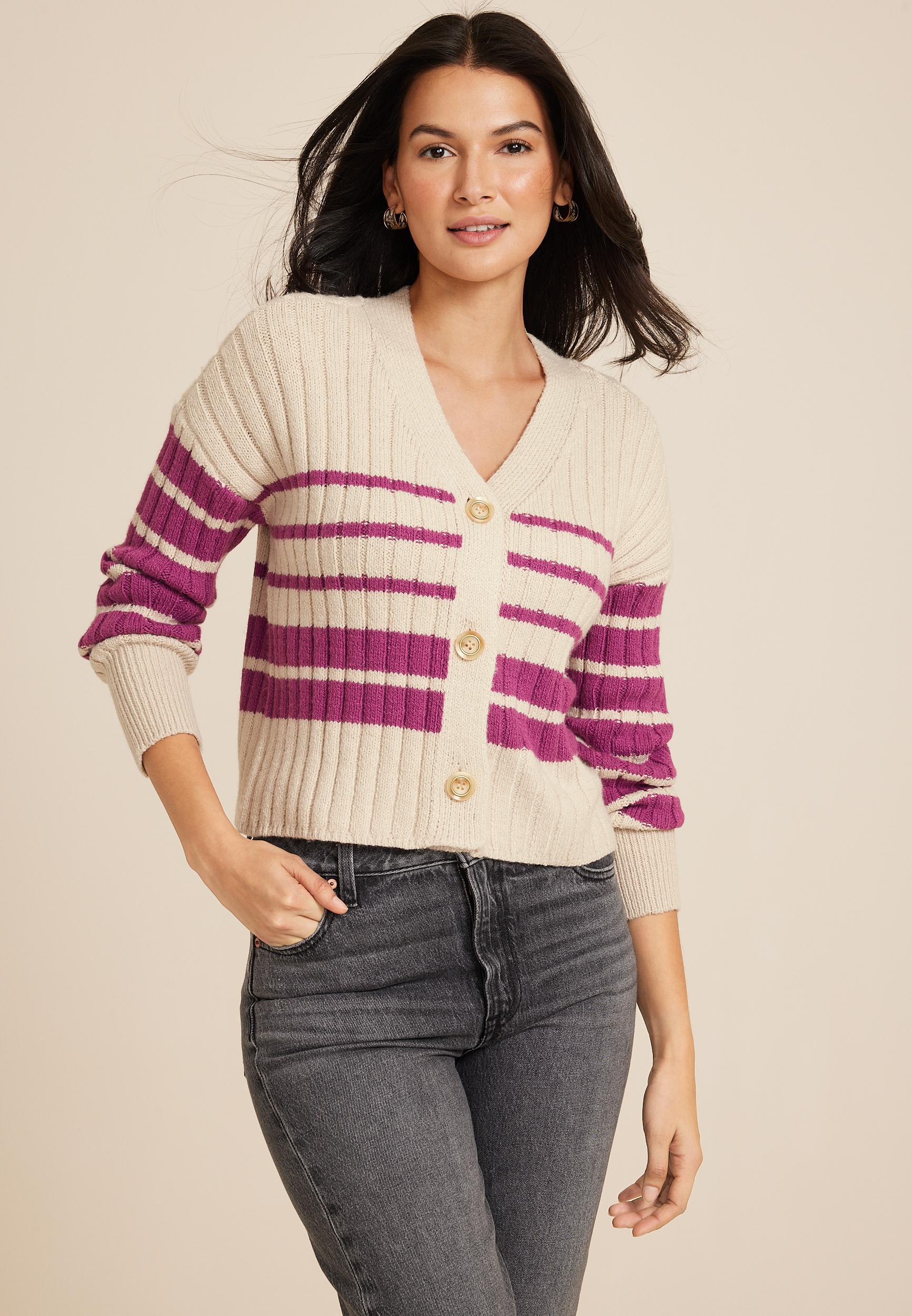 Maurices Womens Striped Ribbed Cardigan Beige Size XX Large Product Image