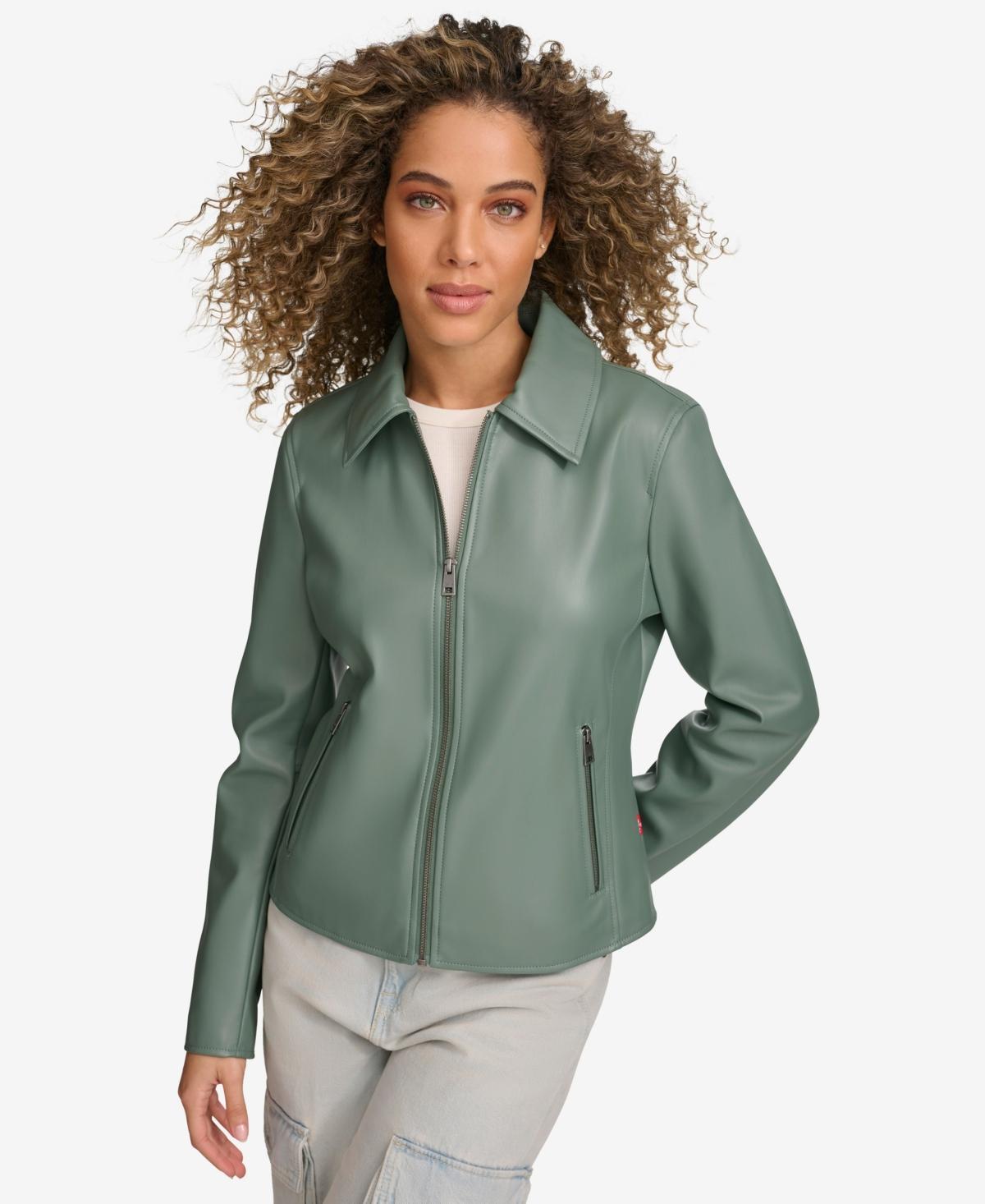 Womens Levis Faux-Leather Jacket with Laydown Collar Dark Green Product Image