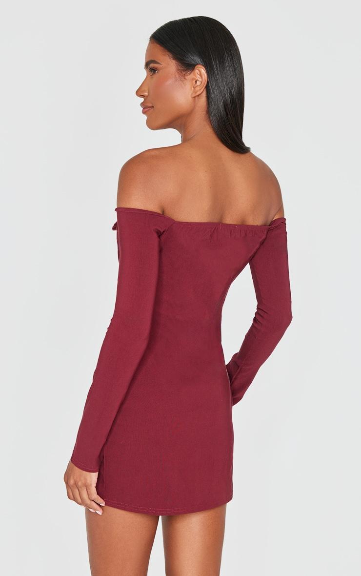 Wine Button Detail Bardot Bodycon Dress Product Image