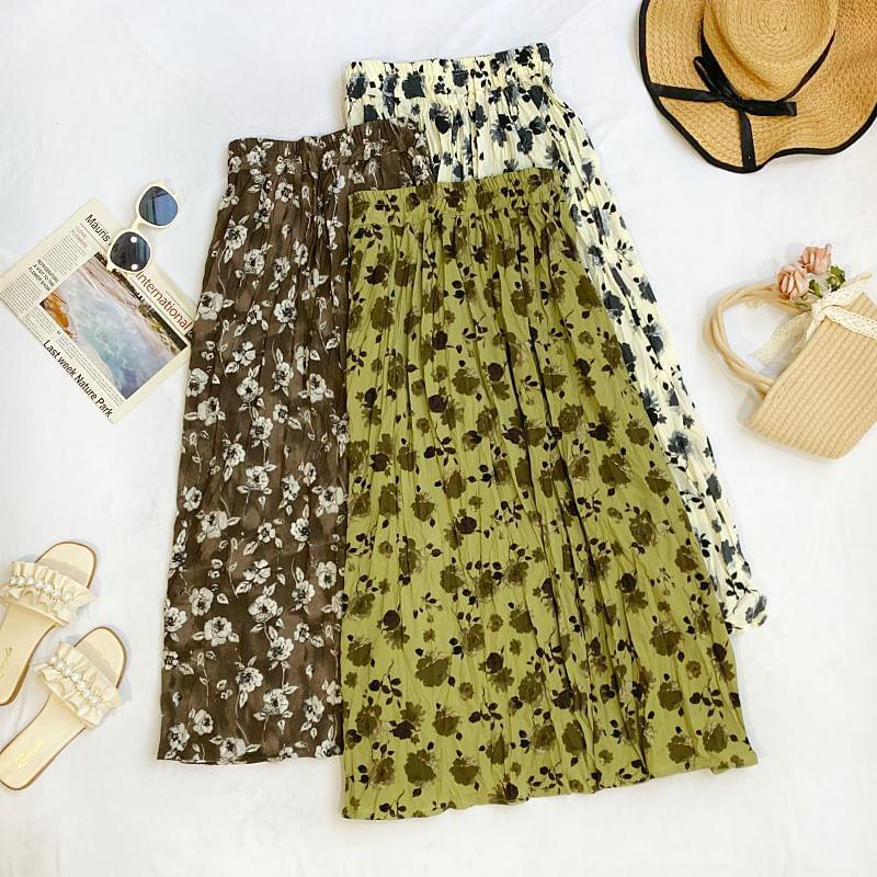 High Rise Floral Print Crinkle Midi A-Line Skirt Product Image