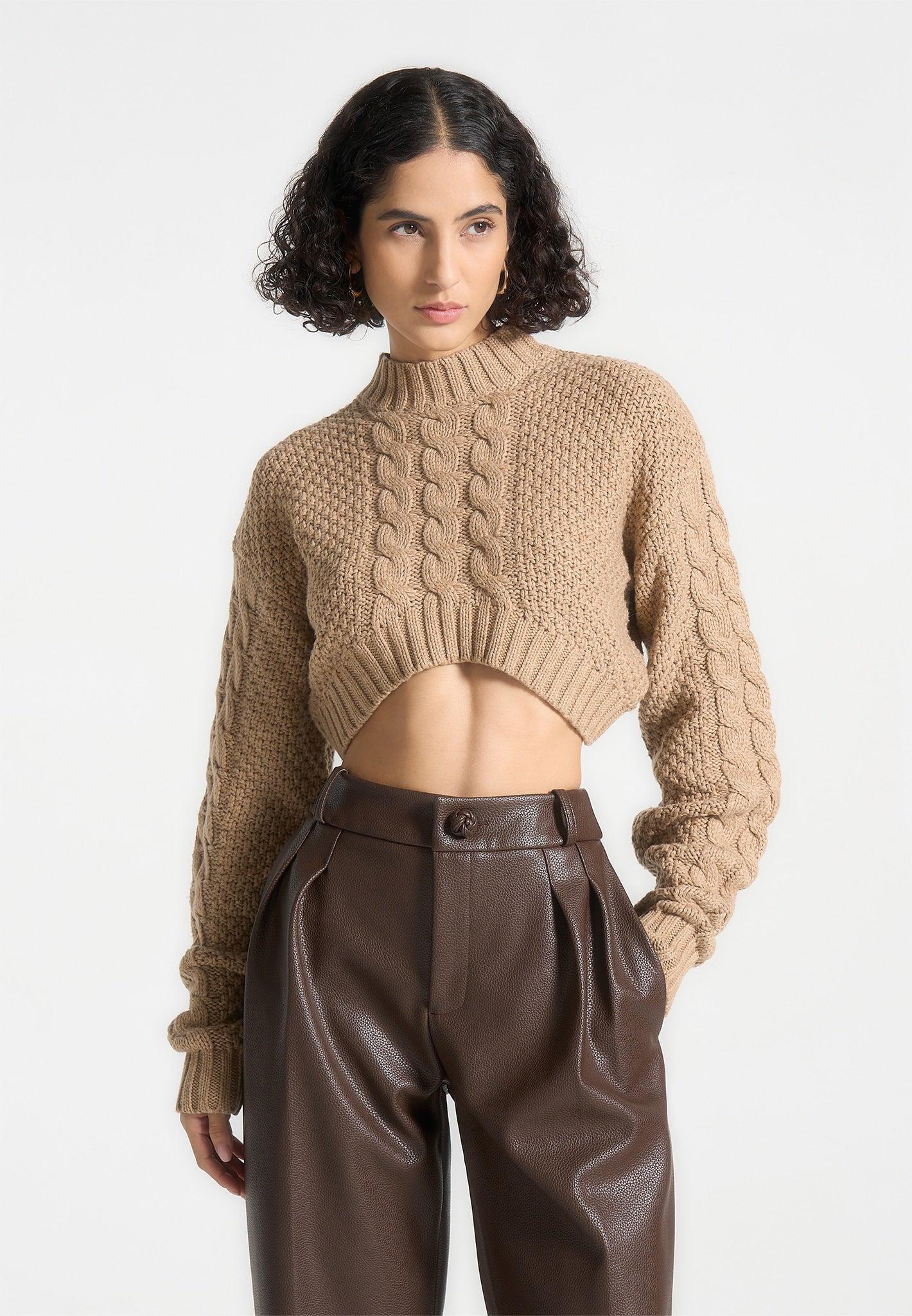 Cropped Cable Knit Jumper - Beige Female Product Image