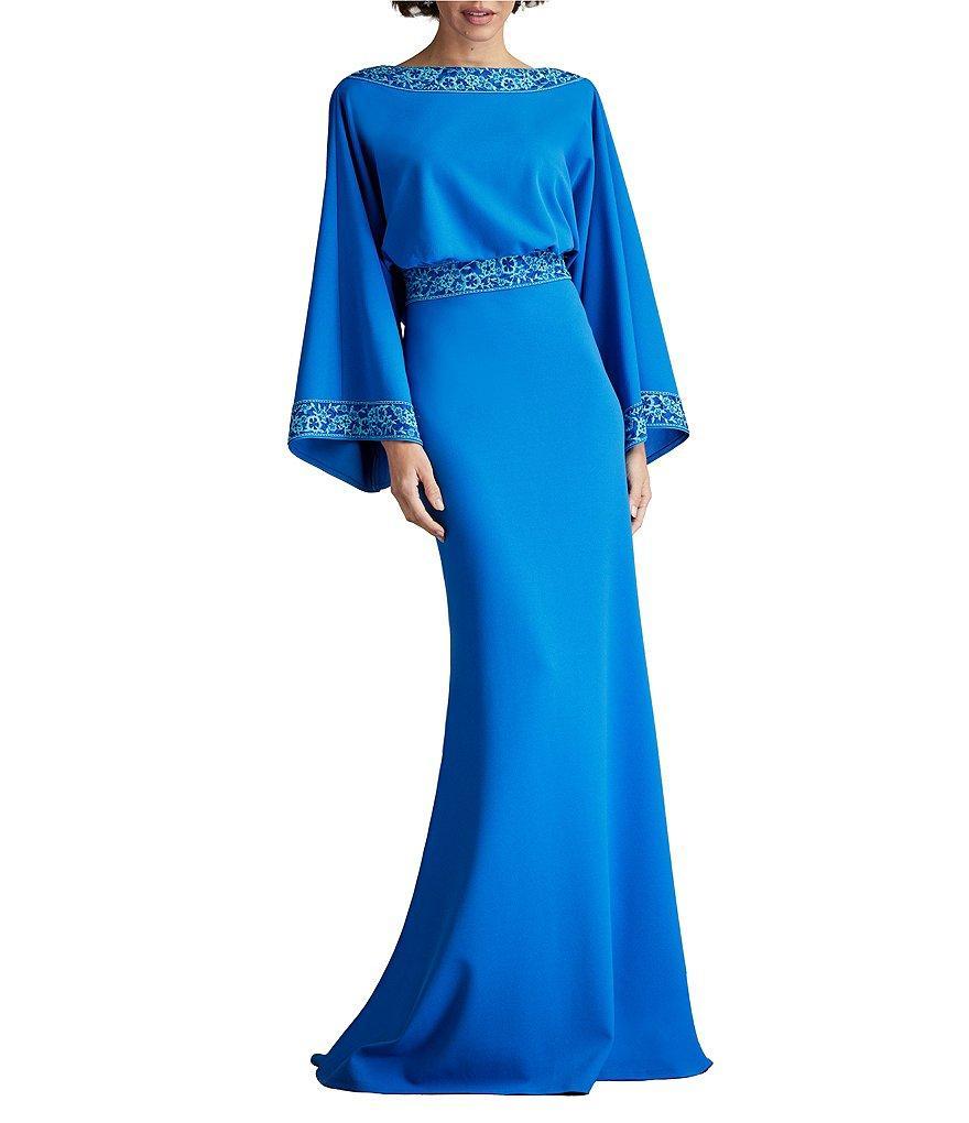 Tadashi Shoji Crepe Embroidered Trim Boat Neck Dolman Long Sleeve Deep Cowl Back Gown Product Image