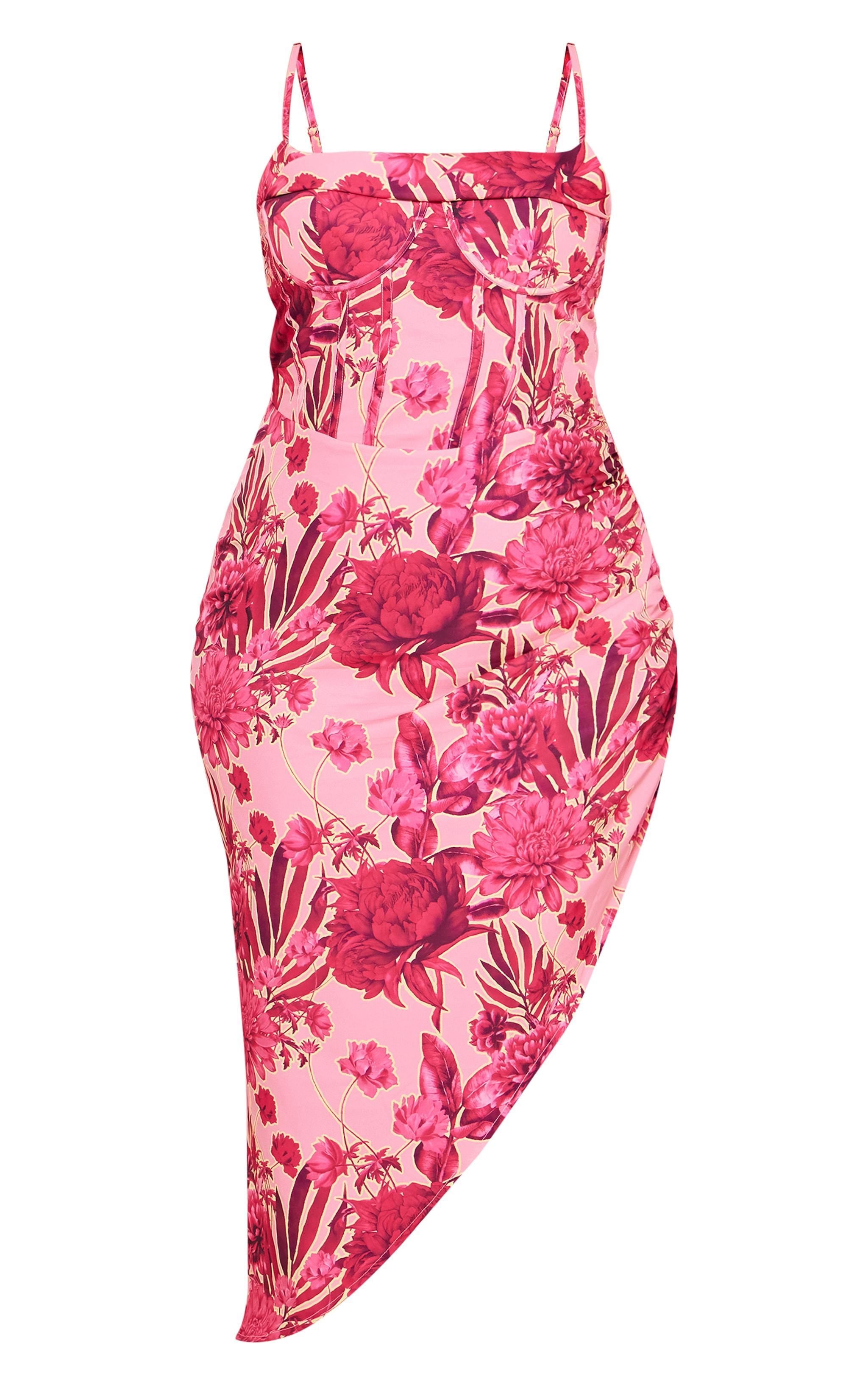 Plus Pink Abstract Floral Print Corset Style Asymmetric Hem Midi Dress Product Image