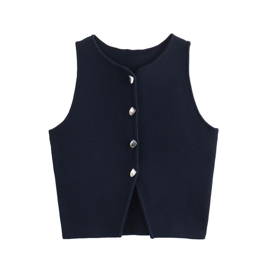 Round Neck Plain Button Sweater Vest Product Image