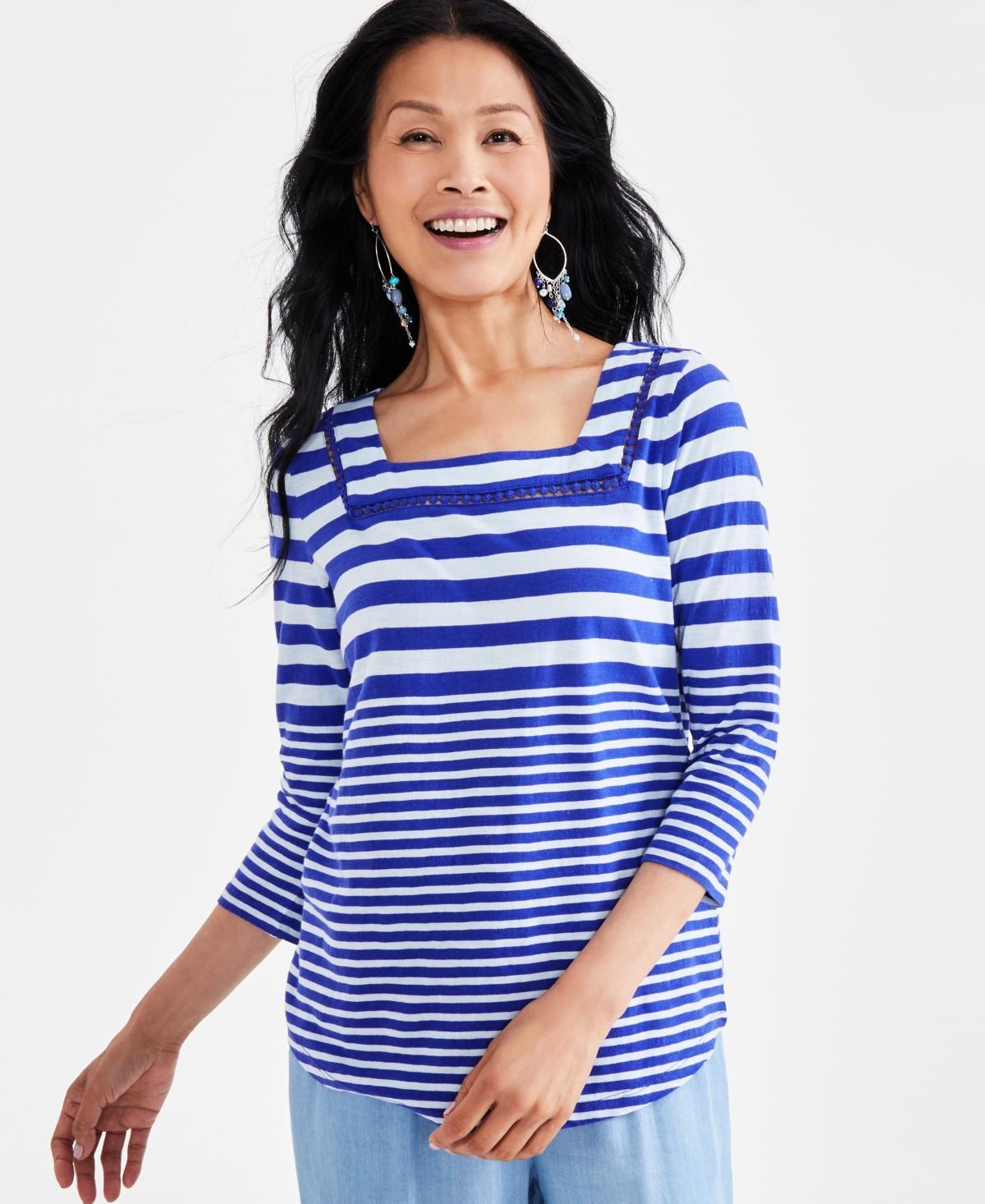 Women's Stripe Square-Neck 3/4-Sleeve Top, Created for Macy's Product Image