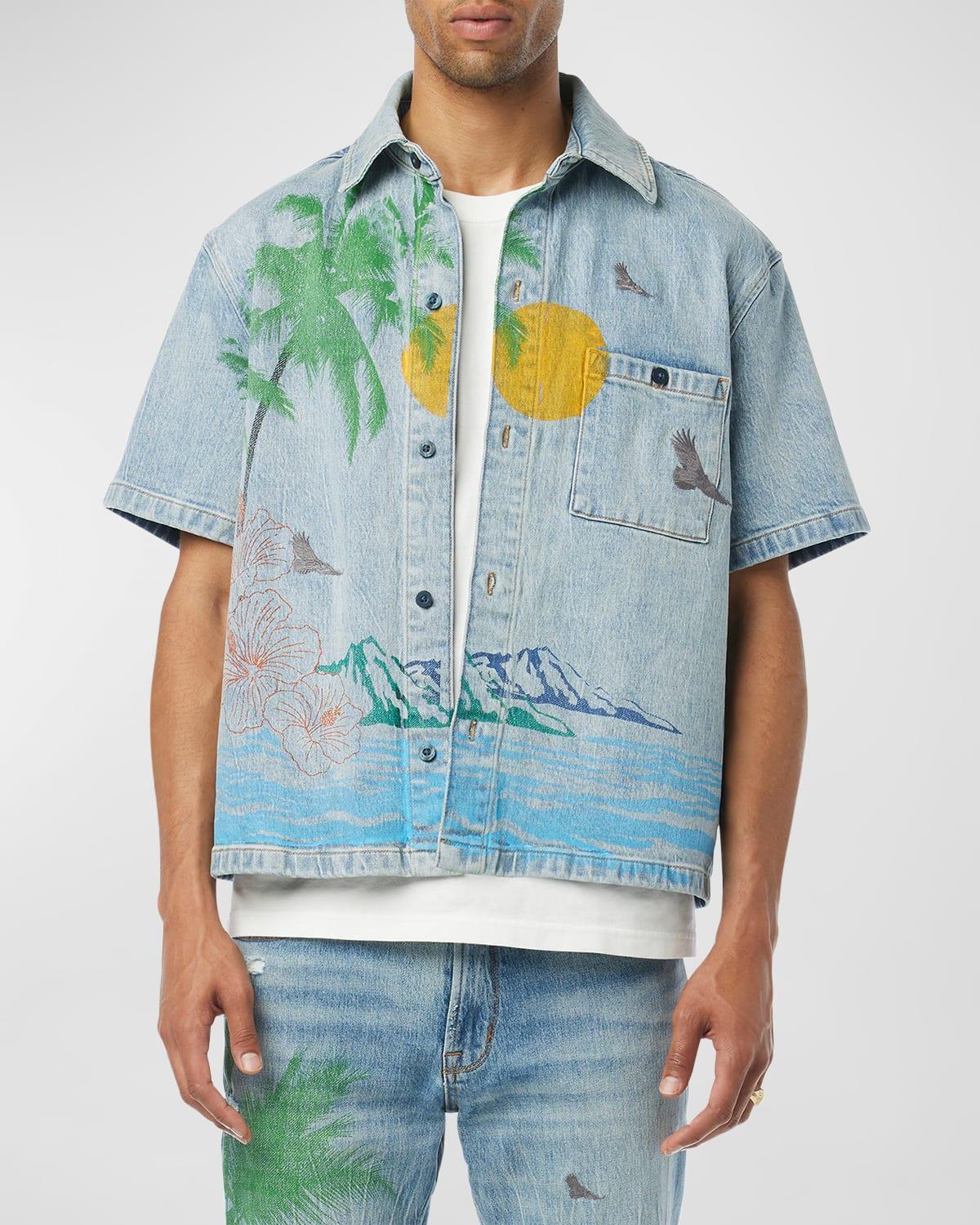 Mens Palm Embroidered Denim Camp Shirt Product Image