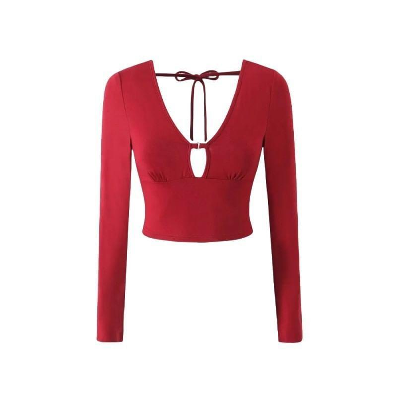 Long Sleeve V-Neck Plain Tie Back Crop Top Product Image