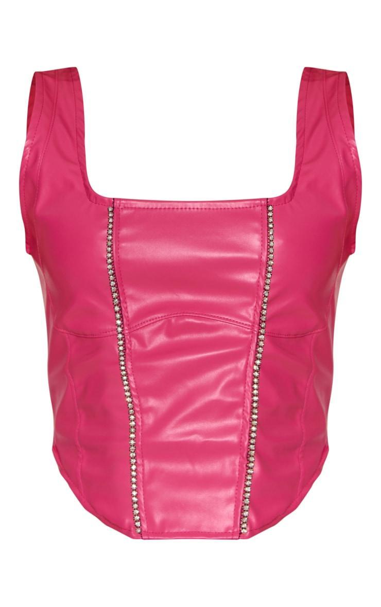  Hot Pink Pu Under Bust Detail Diamante Trim Dip Hem Corset Product Image