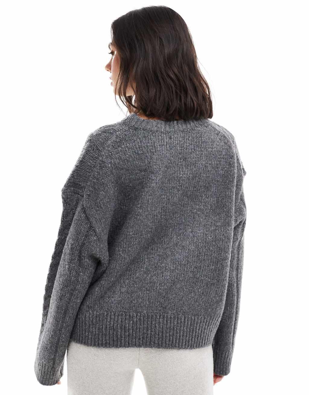 ASOS DESIGN cable crew neck sweater in charcoal Product Image