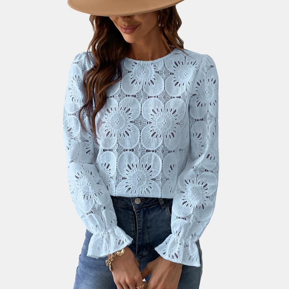 Women's Long Sleeve Embroidered Floral Eyelet Blouse Shirt- Cupshe-XL-Blue Product Image