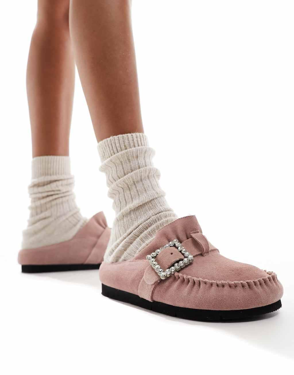 Free People diamante buckle slip on buckle mules in frosted pink Product Image