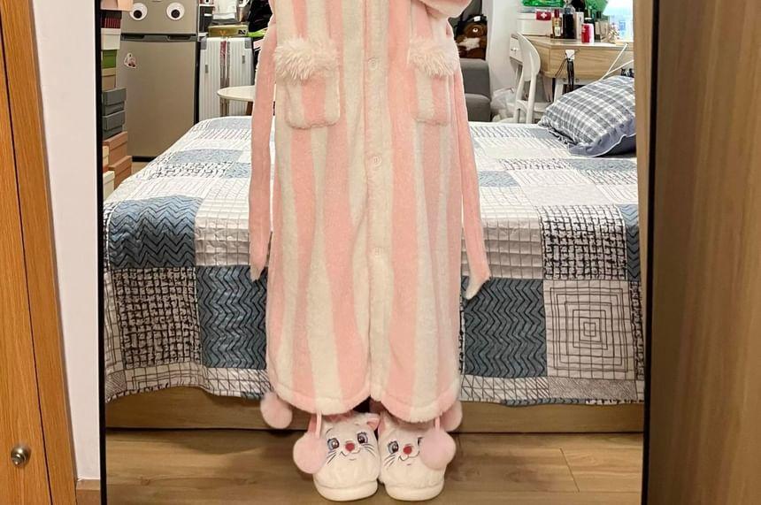 Rabbit Ear Hooded Fleece Striped Pajama Robe Product Image