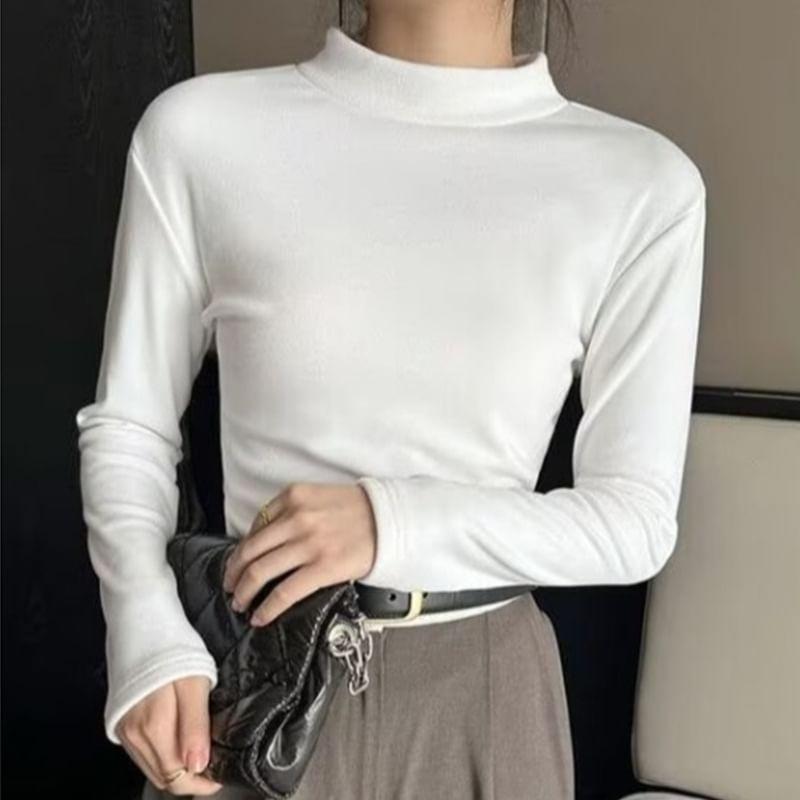 Long-Sleeve Mock Neck Plain T-Shirt Product Image