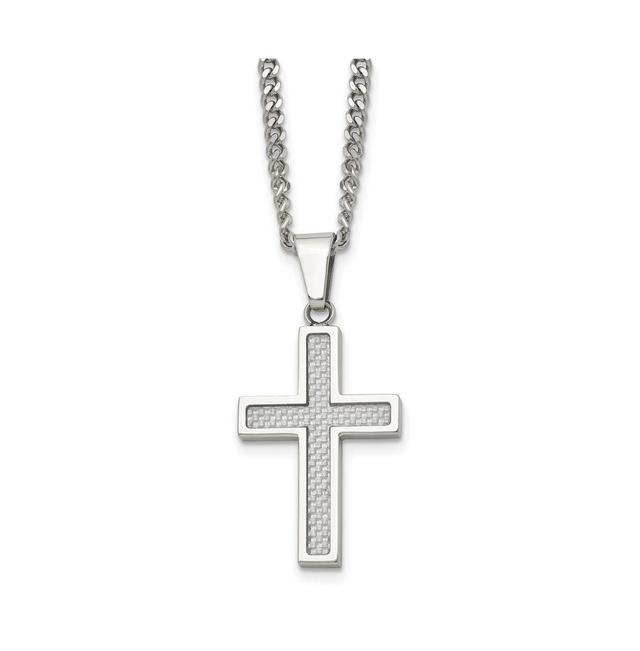 Chisel Grey Carbon Fiber Inlay Small Cross Pendant Curb Chain Necklace Product Image