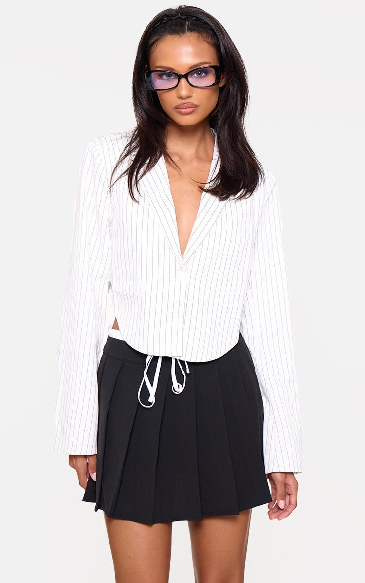 White Pinstripe Curved Hem Cropped Blazer Product Image