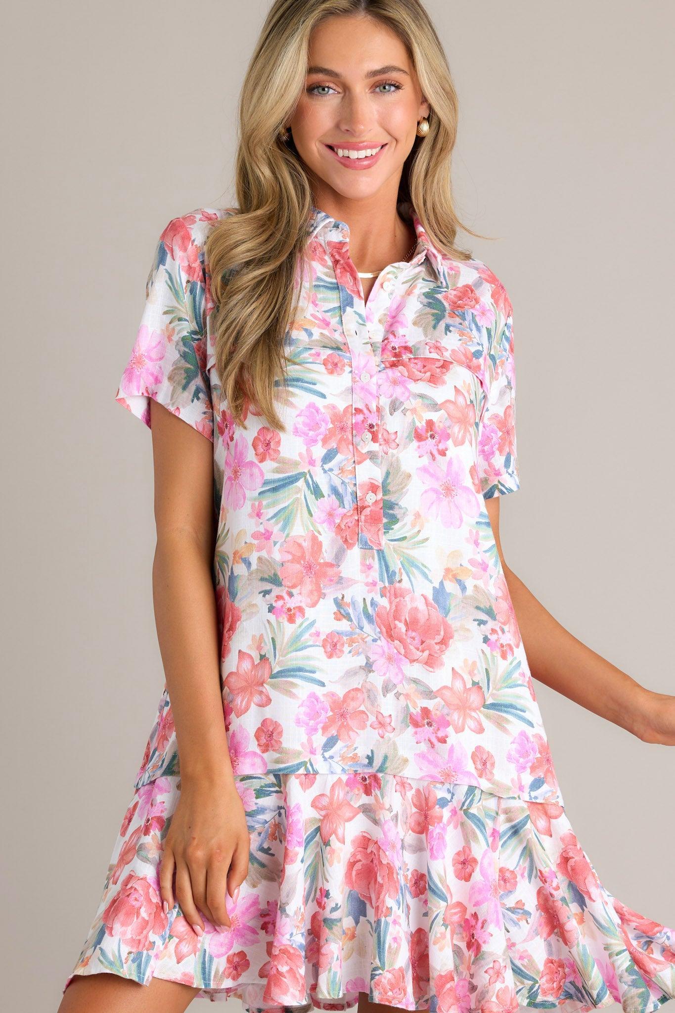 Sunset Blooms Ivory Multi Floral Mini Dress Product Image