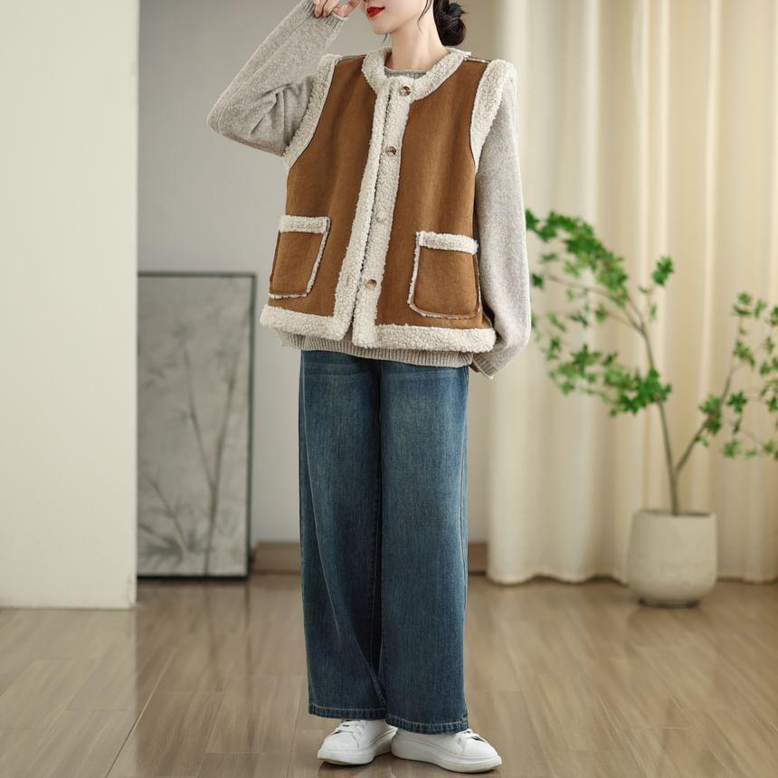 Sleeveless Round Neck Fleece Trim Button Down Vest Product Image