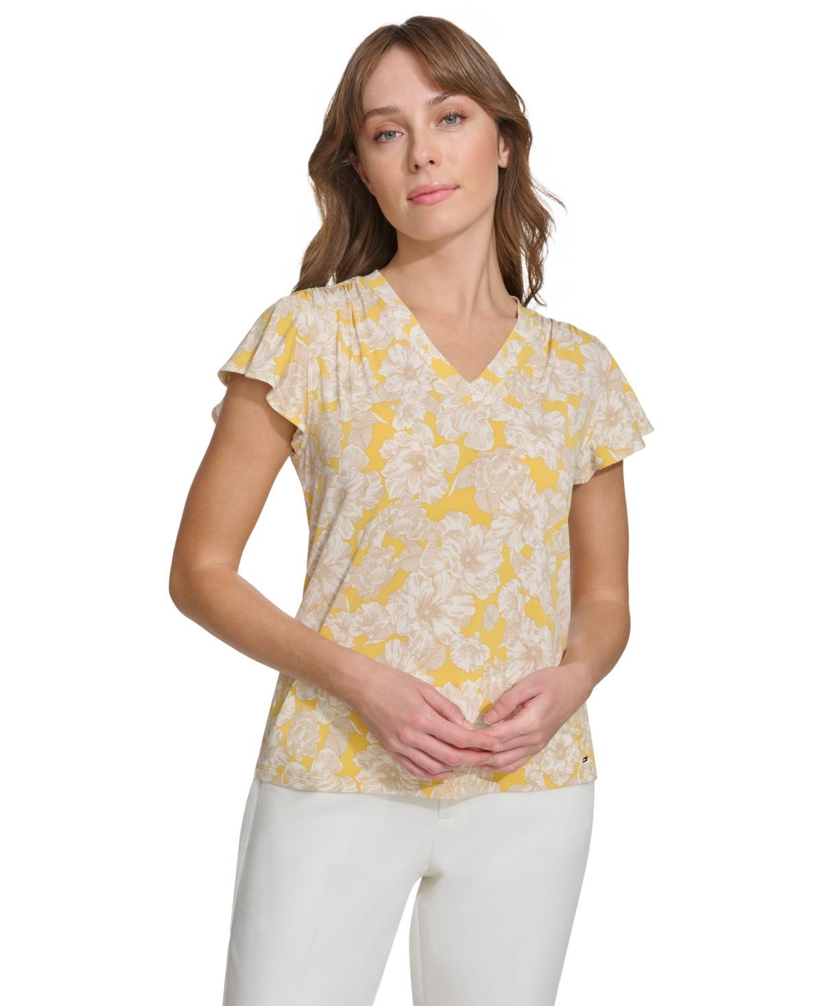 Women's Floral-Print Flutter-Sleeve Shirred-Shoulder V-Neck Top Product Image