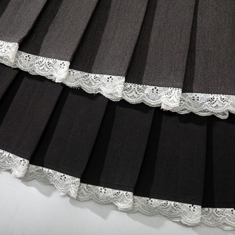 High Rise Pleated Lace Trim Mini A-Line Skirt Product Image