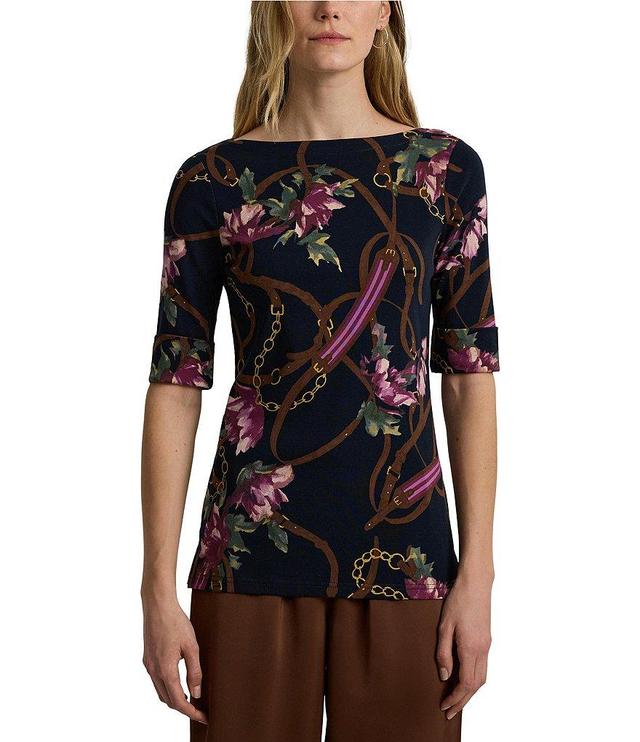 Lauren Ralph Lauren Equestrian-Inspired Floral Print Boat Neck Elbow Length Sleeve Tee Shirt Product Image