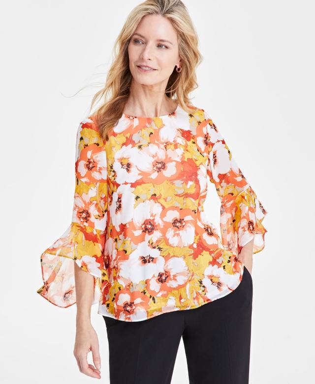 Kasper Womens Floral-Print Ruffle-Sleeve Blouse - Papaya Product Image