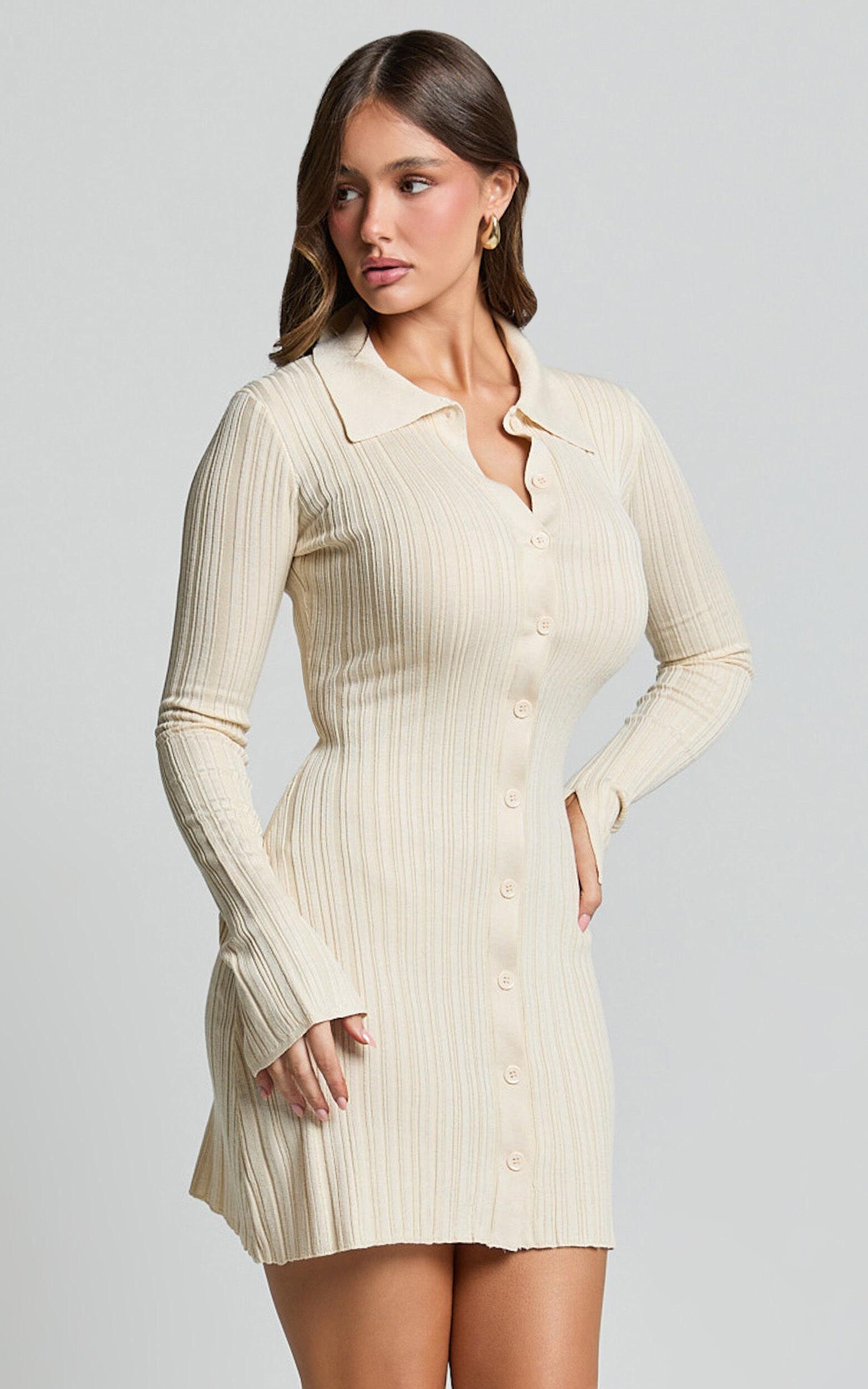 Kelsey Mini Dress - Button Through Long Sleeve Knit Dress in Cream Product Image