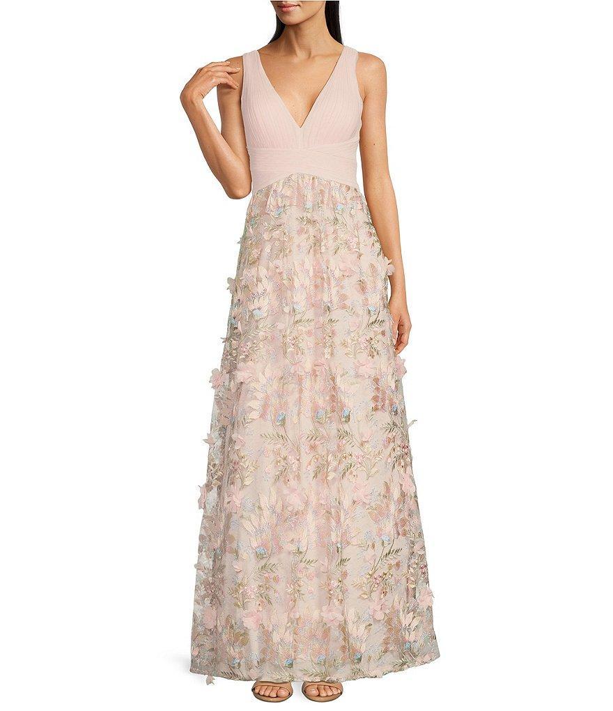 Aidan Mattox Floral Embroidered Mesh V-Neck Sleeveless A-Line Maxi Dress Product Image