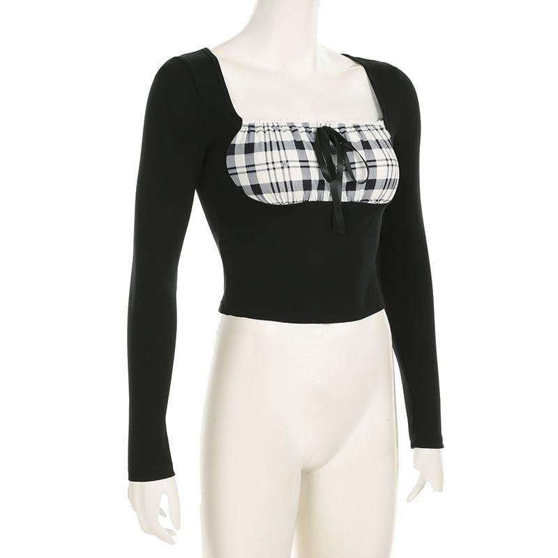 Long-Sleeve Square Neck Plaid Panel Bow Cropped Tee Product Image