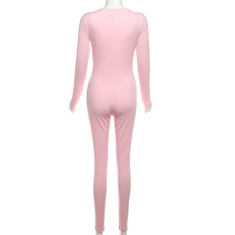 Long-Sleeve Plain Henley Jumpsuit Product Image